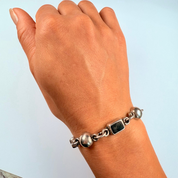 Modernist Petrified Fossilized Wood Ball Chain Sterling Silver 925 VTG Bracelet - Picture 6 of 8